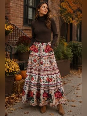 FARM Rio White Floral Tiered Maxi Skirt with Multicolor Blooms Size XXS